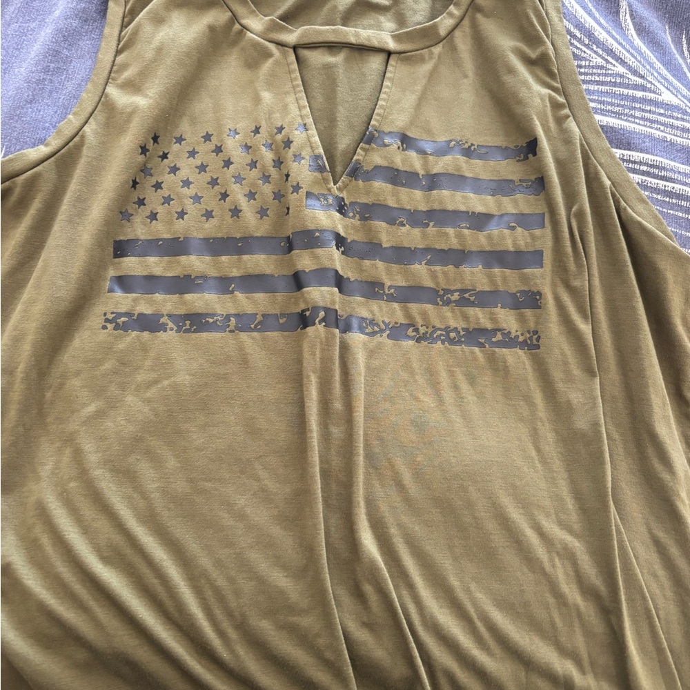 Olive Sleeveless Top with Flag Design
